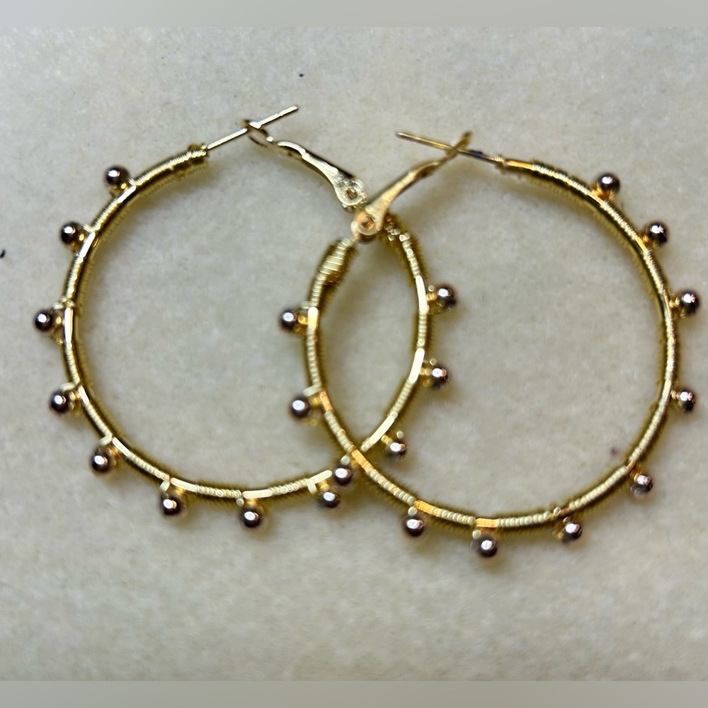 Hand-Beaded 1 1/2” Gold Hoop Earrings NWOT